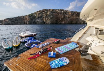 A collection of water toys around the swim platform of superyacht RINI