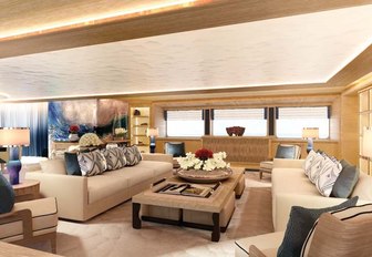 exquisitely designed main salon aboard motor yacht Cloud 9