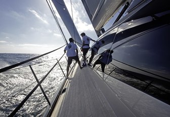 crew get to work on sailing yacht GANESHA, lined up for the 2017 St Barths Bucket Regatta