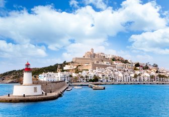 Distant water-level view of Ibiza Town