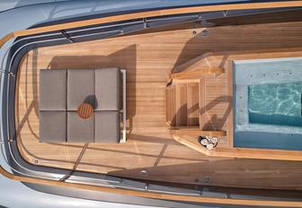 Charter yacht GECO aerial view of deck Jacuzzi
