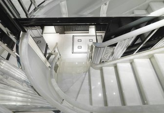 View from top of staircase on superyacht Silver Angel