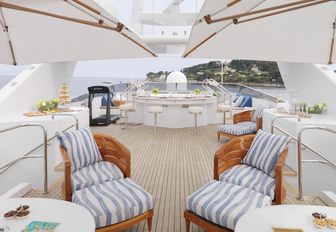 chaise loungers with bar-lined Jacuzzi on sundeck of luxury yacht BALAJU 