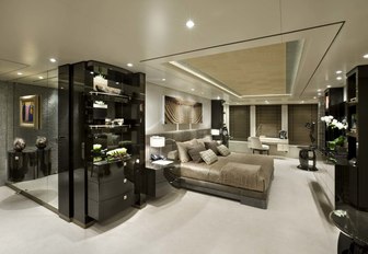 spacious monochrome master suite aboard charter yacht Hurricane Run’