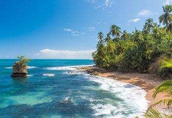 white sandy beach flanked by rainforest in Costa Rica