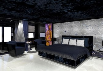 rendering of the grey and silver master suite on board luxury yacht SARASTAR