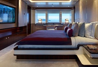 master suite with deep plum linen aboard motor yacht ASYA 