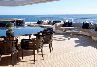 circular dining table on the upper deck aft of charter yacht SEALYON