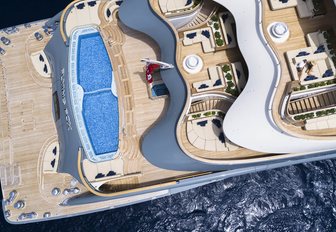 Aerial view looking down on the aft decks of superyacht charter FLYING FOX