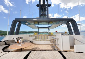 seating, bar and Jacuzzi on the sundeck of charter yacht ZULU