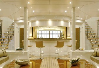 the ethereal and golden upper lounge inside charter yacht siren is spectacular and luxurious providing her guests with a wonderful place to take selfies and unwind while they self isolate on their luxury yacht charter vacation in Croatia 