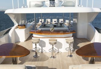 seating areas, bar and Jacuzzi on the sundeck of motor yacht Far From It 