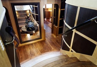 staircase and lower deck lobby shows exquisite craftsmanship aboard luxury catamaran HEMISPHERE