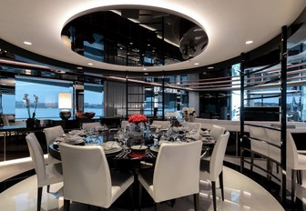 monochrome-themed dining area in the main salon of superyacht MYSKY