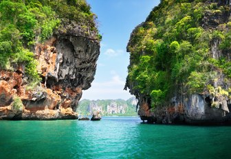 view of the limestone cliffs from Railay Beach, Krabi