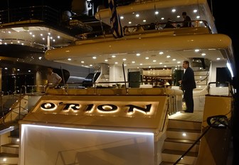 Motor yacht O'Rion at the Mediterranean Yacht Show during the evening