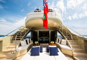 sunpads and seating on the main deck aft of luxury yacht Midnight Sun