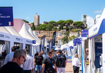 Cannes Yachting Festival exhibitor tents with many visitors