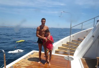 Swim platform of luxury yacht with Cristiano Ronaldo and his son on board