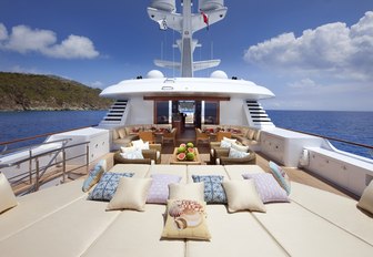 the bright and airy sun deck on charter yacht lady britt perfect fro hosting lavished cocktail gatherings while overlooking the caribbean coasts