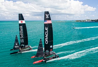 SoftBank Team Japan and Oracle Team USA sail side-by-side in Bermuda