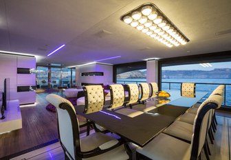 The indoor formal dining area which can be enjoyed when chartering M/Y Ocean Paradise