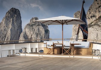 Shaded seating area on deck of explorer yacht 'Blue II'