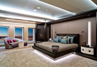 sensuous master suite with full-length windows on board motor yacht Mogambo