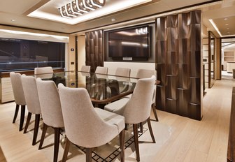 The interior dining section on board superyacht ONEWORLD