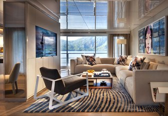 modern skylounge with floor-to-ceiling windows on board motor yacht Orient Star