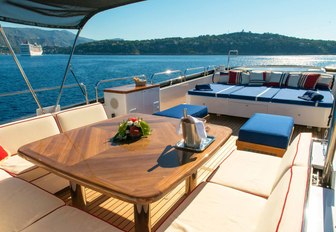 Sundeck of charter yacht ELEMENT, with dining area and jacuzzi in background