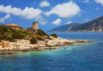 Sea-level view of the coastline of Kefalonia