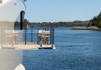 close up of drop-down balcony on board luxury yacht LILI