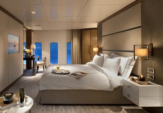 monochrome master suite on board charter yacht Orient Star