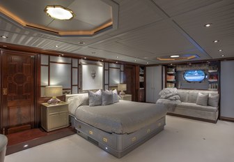 master suite with large bed on board sailing yacht BLUSH 