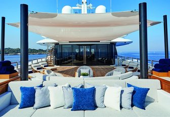 seating areas with shade on the sundeck of superyacht Barbara