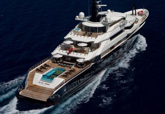 Aerial shot of luxury superyacht Alfa Nero sailing through deep blue ocean