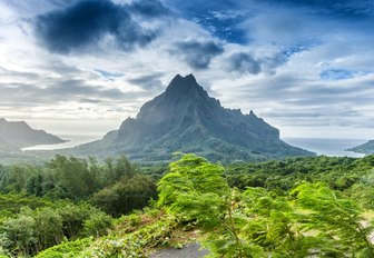 dramatic jungle-covered Mont Orohena in Tahiti, French Polynesia