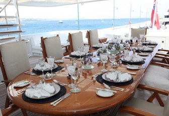 The sundeck and alfresco dining space on board luxury yacht APOGEE