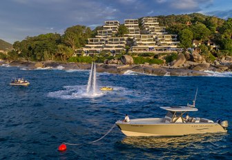 man gives a jetpack demonstration at the Kata Rocks Superyacht Rendezvous in Phuket