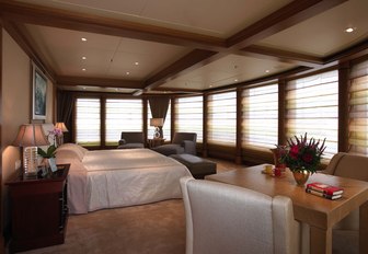 the stylish and welcoming master stateroom in charter yacht utopia