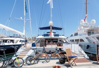 a yacht at the MYBA Charter Show shows off her water toy box in Barcelona, Spain