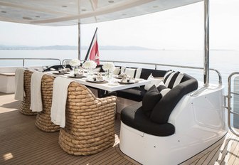 al fresco dining area on the main deck aft of motor yacht CRISTOBAL 