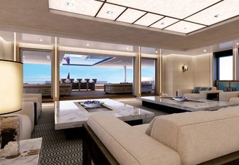 light and airy main salon with sofas and coffee tables aboard superyacht Illusion Plus