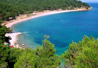 sandy coastline with lush interior along Edirne coastline, Turkey