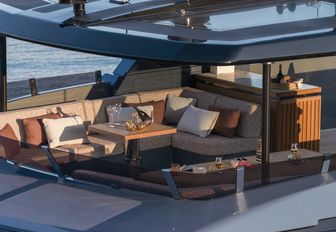 Charter yacht HAZE² elevated view of exteriors with seating arrangement