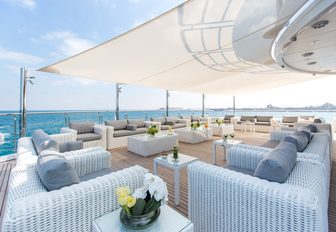 chic outdoor seating area on deck of luxury yacht ‘Moonlight II’  with bimini shade
