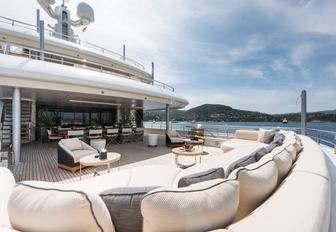 alfresco dining setup with comfortable sofas aft aboard motor yacht RoMEA 
