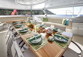 The alfresco dining table on board luxury yacht 'Mondango 3'