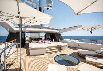 Luxury charter yacht St David expansive sun deck, with seating and parasols dotted around